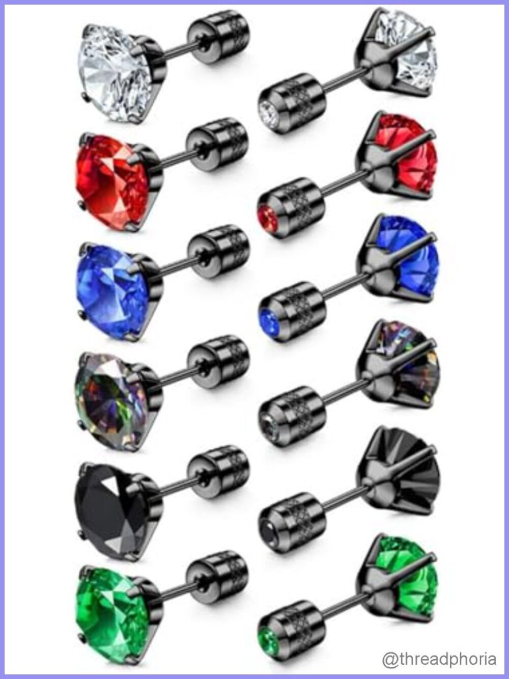 6 Pairs Titanium Screw Back Stud Earrings Stainless Steel 6mm Cubic Zirconia
